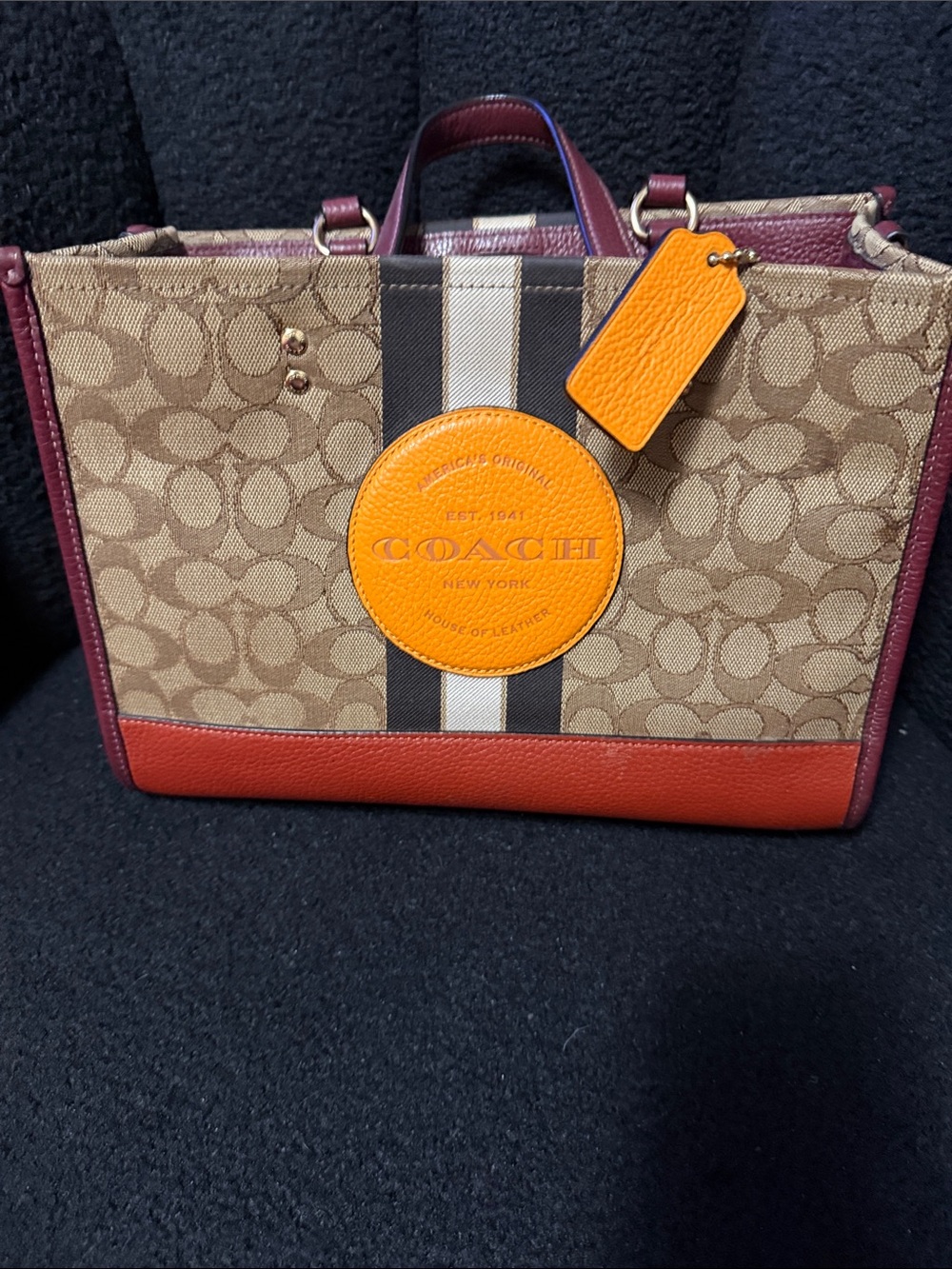 Coach Brown Signature Canvas Tote with Orange and Red Accents